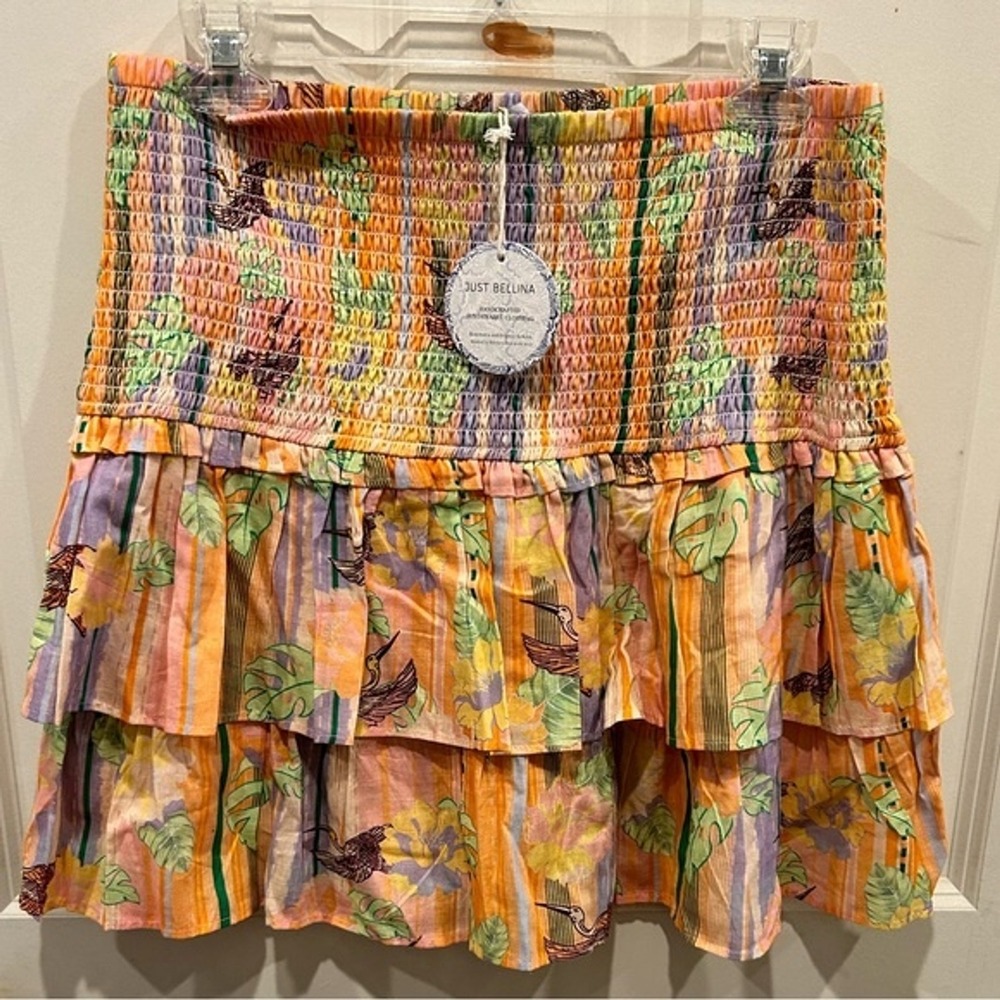 Just Bellina Women Orange Tropical Bird Floral Smocked Tiered Mini Skirt L NEW